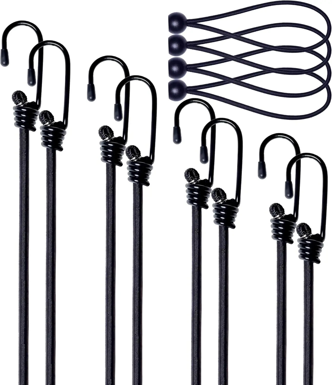 Bungee Cords with Hooks 12 18 24 36 Inch 8 Pack + 4 Ball Bungees for Camping Cargo Tent
Bungee Cords with Hooks 12 18 24 36 Inch 8 Pack + 4 Ball Bungees for Camping Cargo Tent
