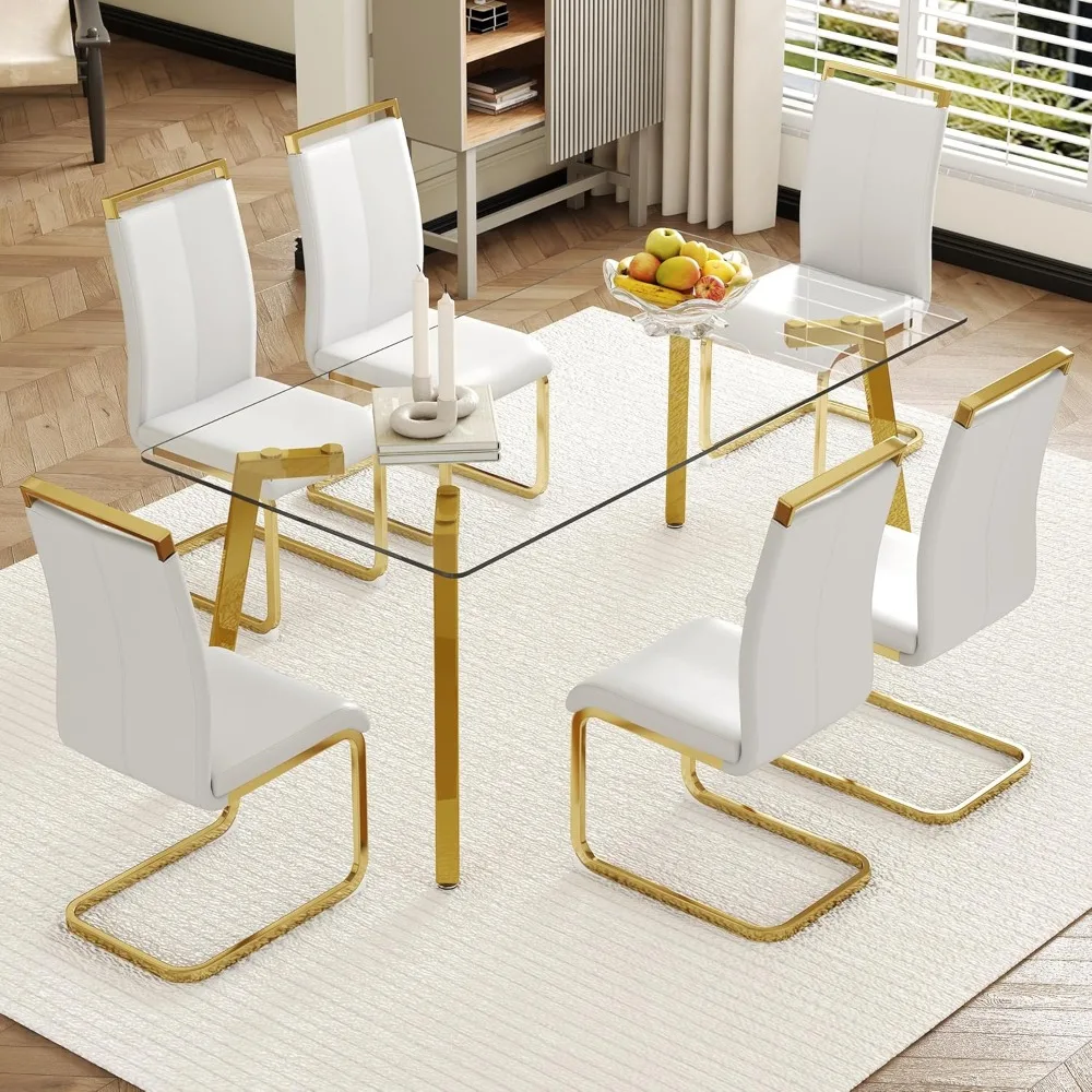 Modern Dining Table Set for 6,71''Gold Rectangular Dining Room Table&Generous Legroom with 6 White Leather Dining Chairs
Modern Dining Table Set for 6,71''Gold Rectangular Dining Room Table&Generous Legroom with 6 White Leather Dining Chairs