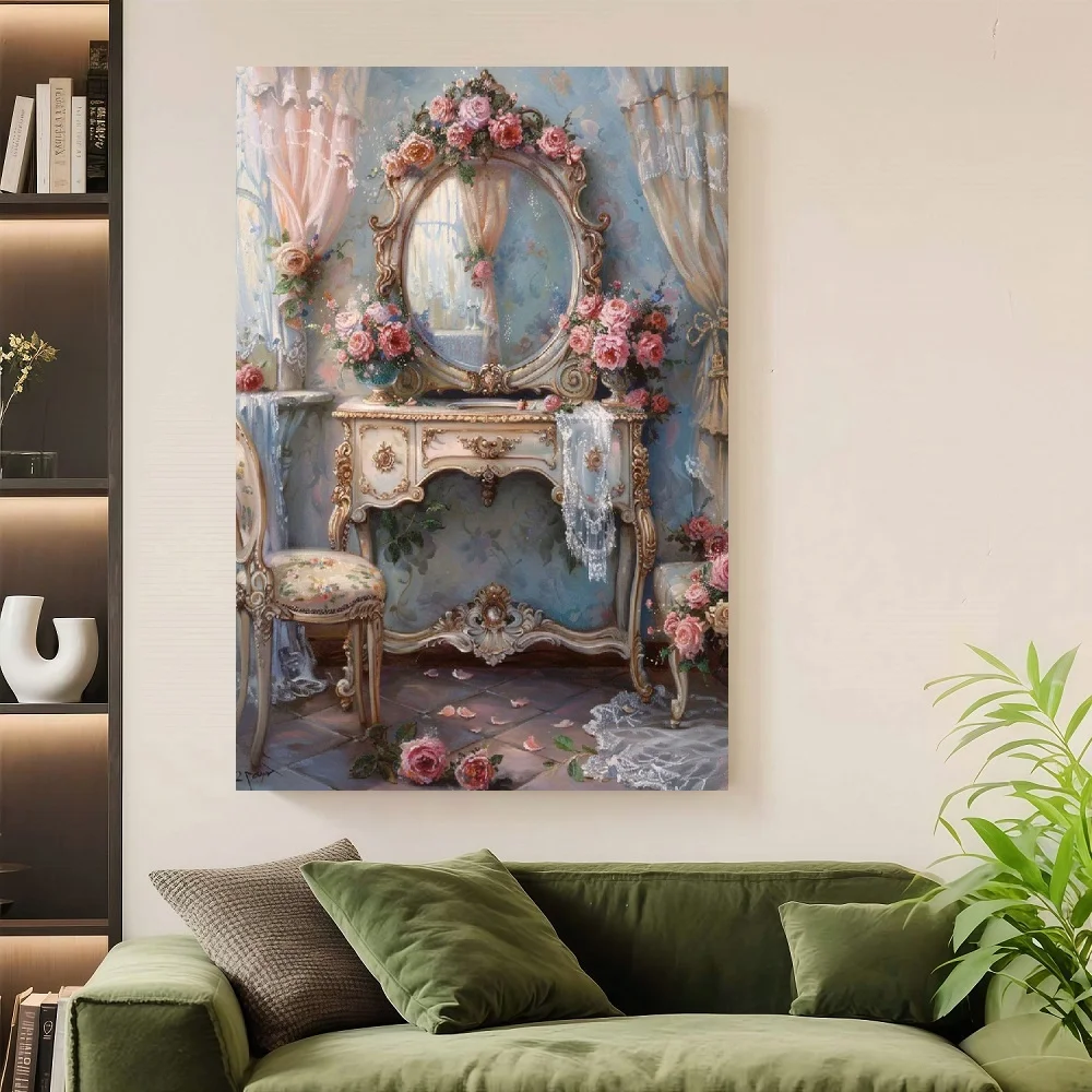 Framed Flat Vintage Dressing Table with Gorgeous Mirror Canvas Painting - Elegant Wall Art Featuring Roses, Chair, And Curtains,
Framed Flat Vintage Dressing Table with Gorgeous Mirror Canvas Painting - Elegant Wall Art Featuring Roses, Chair, And Curtains,