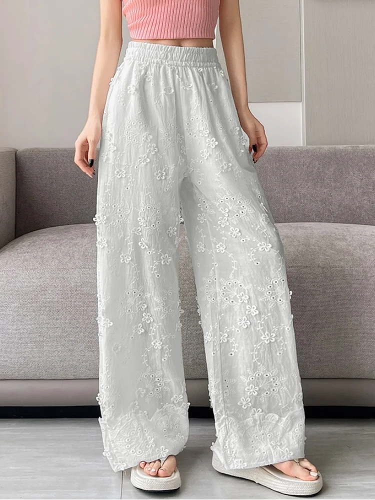 New Fashion 3D Flower Hollow Embroidery Lace Wide Leg Pants Women's Elastic Waist Thin Casual White Straight Leg Pants
New Fashion 3D Flower Hollow Embroidery Lace Wide Leg Pants Women's Elastic Waist Thin Casual White Straight Leg Pants