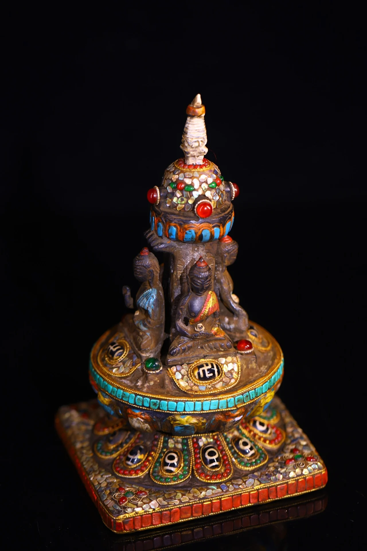 9"Tibetan Temple Collection Old Bronze Cinnabar Mosaic Gem gZi Beads Four sided Shakyamuni Buddha Pagoda Stupa Worship Hall
9"Tibetan Temple Collection Old Bronze Cinnabar Mosaic Gem gZi Beads Four sided Shakyamuni Buddha Pagoda Stupa Worship Hall