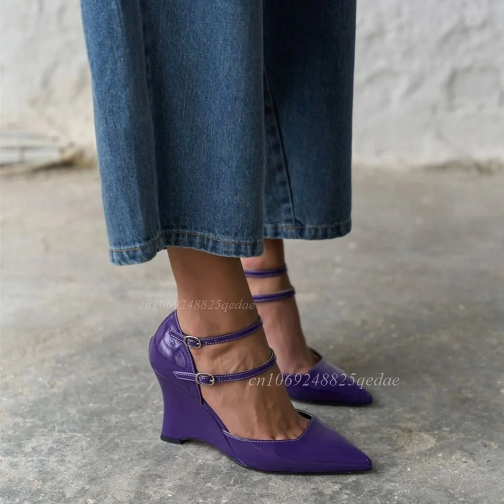 Women's Closed Toe V-Cut Vamp Wedge Heel Pumps, Glossy Patent Upper, Double Buckle Ankle Straps Cutout Side Design Slip-On Shoes
Women's Closed Toe V-Cut Vamp Wedge Heel Pumps, Glossy Patent Upper, Double Buckle Ankle Straps Cutout Side Design Slip-On Shoes