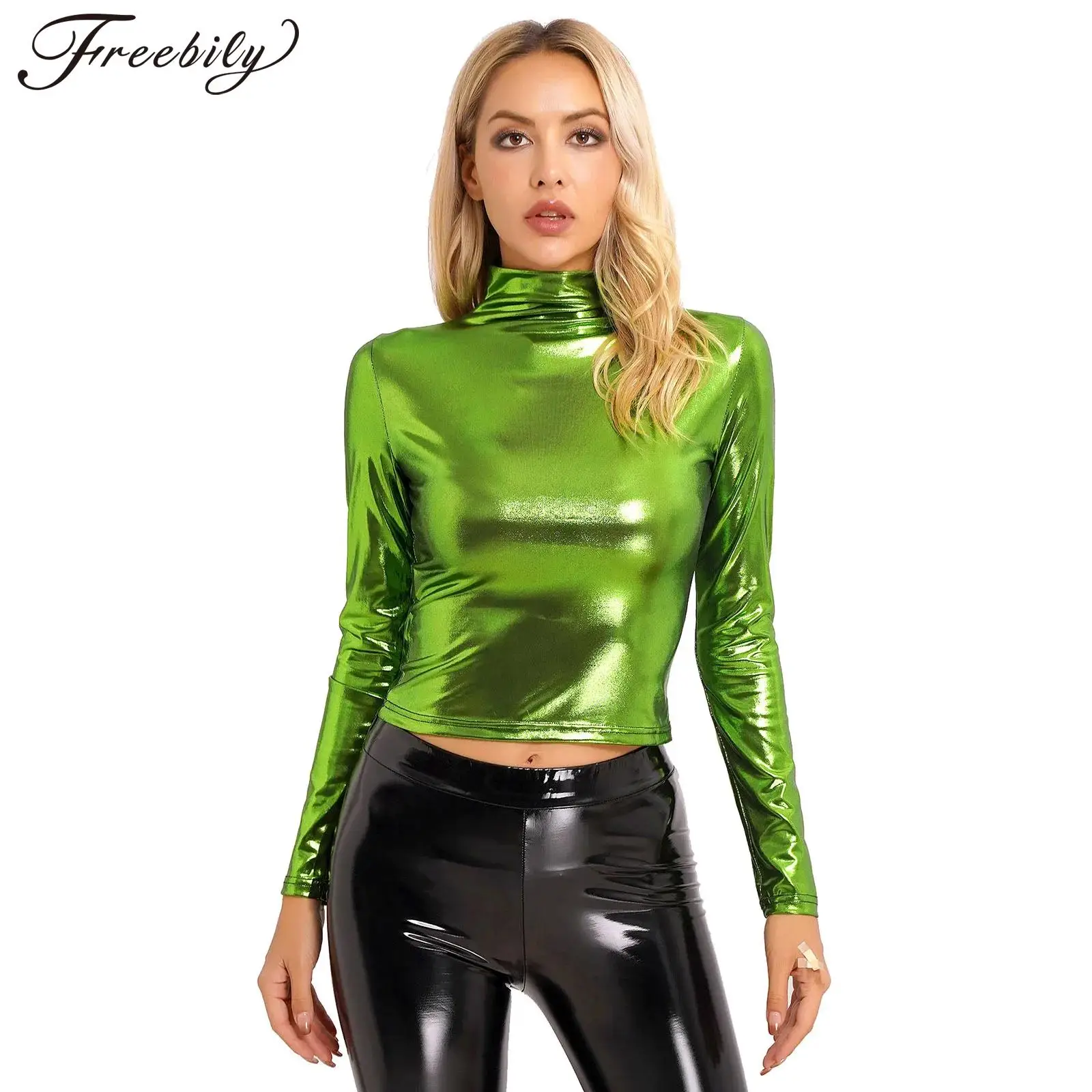 Womens Metallic Long Sleeve T-Shirt Shiny Top Fashion Slim Fit Mock Neck Tops Dancing Party Cocktail Club Music Festival Costume
Womens Metallic Long Sleeve T-Shirt Shiny Top Fashion Slim Fit Mock Neck Tops Dancing Party Cocktail Club Music Festival Costume