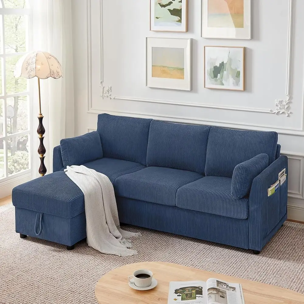 79 L-Shaped Couch with Storage Ottoman, 3-Seater Corduroy Sofa, 2 Pillows, Ideal for Small Spaces, Navy Blue
79 L-Shaped Couch with Storage Ottoman, 3-Seater Corduroy Sofa, 2 Pillows, Ideal for Small Spaces, Navy Blue