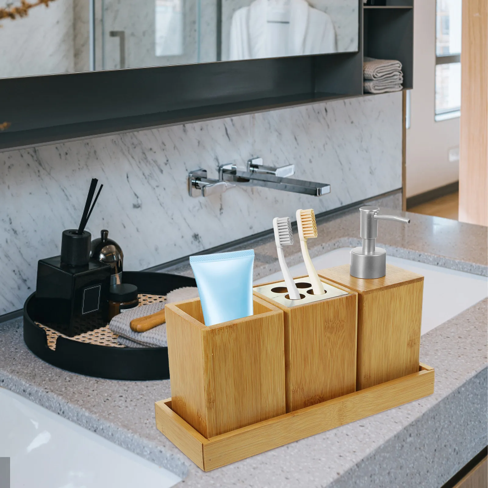 1Set Compact Bamboo Bathroom Accessories Set Portable Travel Friendly Toothbrush Holder Soap Dispenser Lotion Shampoo Bottles
1Set Compact Bamboo Bathroom Accessories Set Portable Travel Friendly Toothbrush Holder Soap Dispenser Lotion Shampoo Bottles