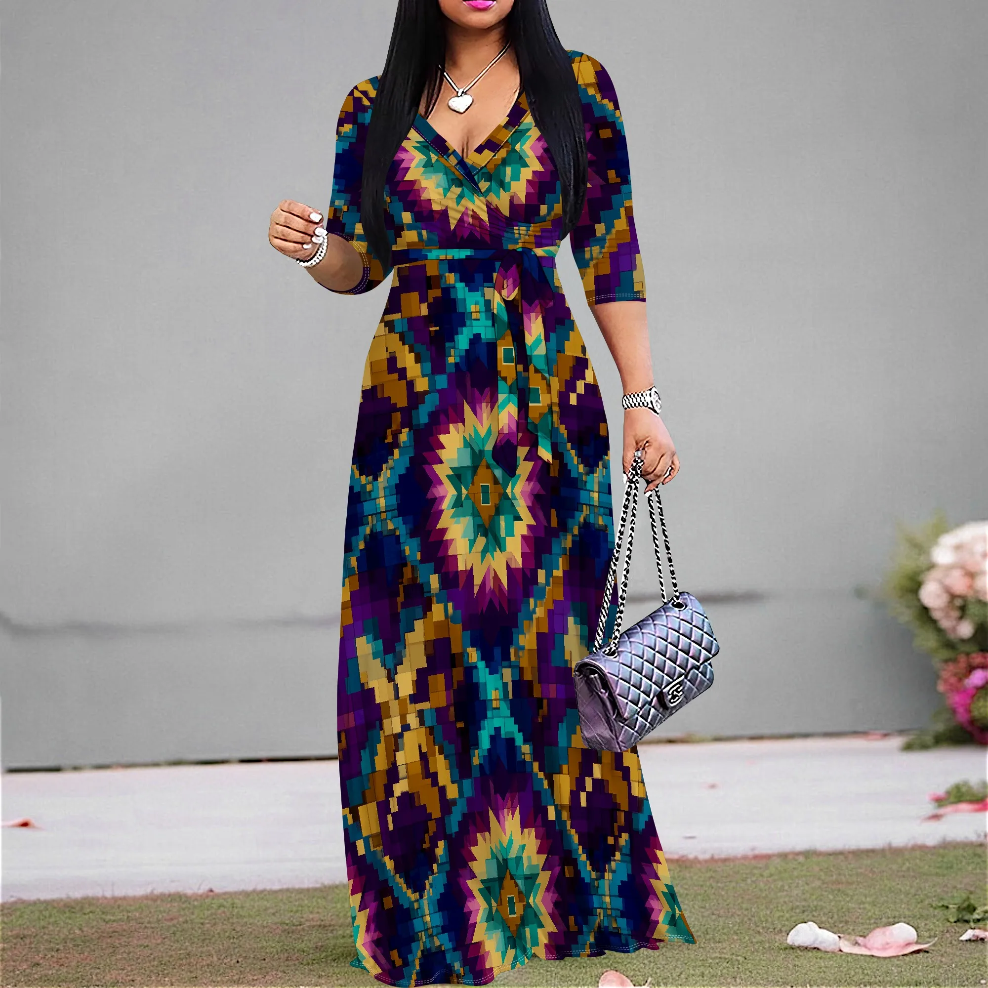 Women's Aztec Print Maxi Dress S-3XL | Bohemian Tribal V-Neck Flowy Gown | Elegant Tie Waist Geometric Festival Sundress
Women's Aztec Print Maxi Dress S-3XL | Bohemian Tribal V-Neck Flowy Gown | Elegant Tie Waist Geometric Festival Sundress