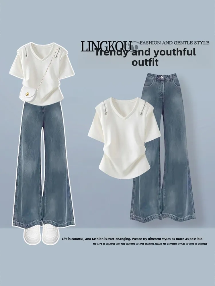 Summer Casual Set Women's Korean Style Age-Defying Shoulder T-Shirt Short Sleeve Top with Vintage Slimming Jeans Two-Piece Set
Summer Casual Set Women's Korean Style Age-Defying Shoulder T-Shirt Short Sleeve Top with Vintage Slimming Jeans Two-Piece Set