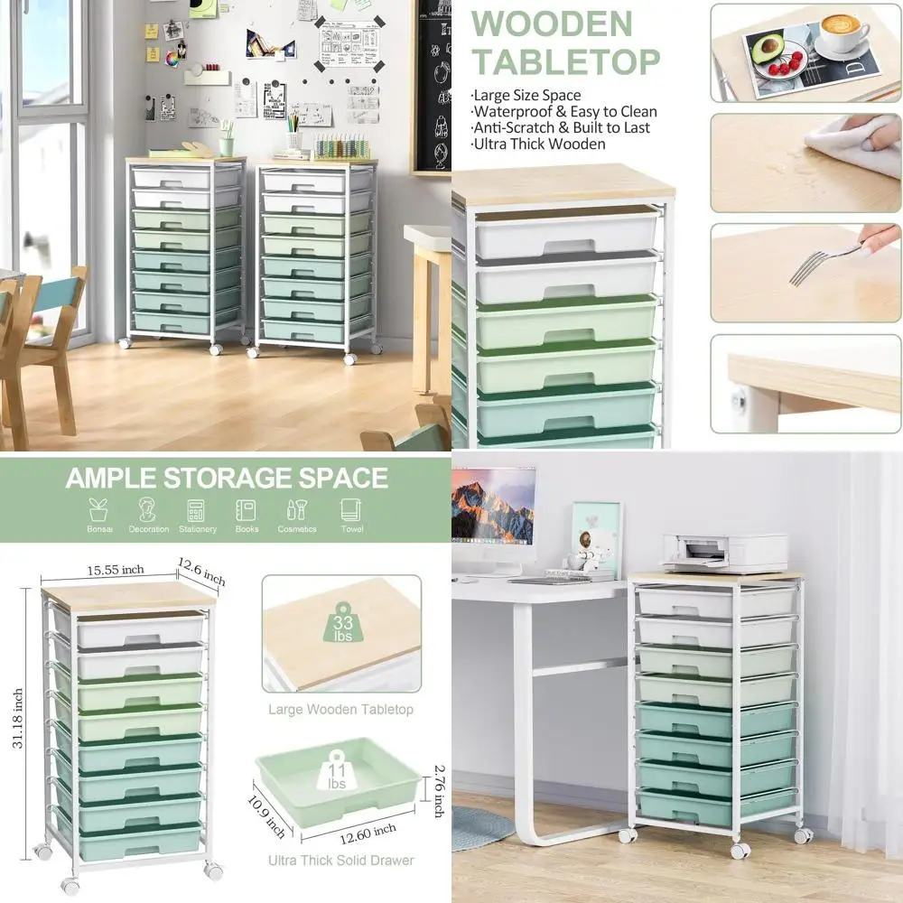 8-Drawer Rolling Storage Cart with Wooden Top for Home, Office, and Craft Spaces - Green
8-Drawer Rolling Storage Cart with Wooden Top for Home, Office, and Craft Spaces - Green