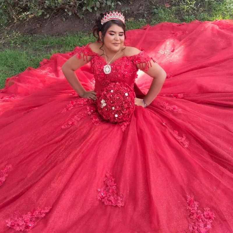 Shiny Red Quinceanera Dress off-shoulder Lace 3D flower decal Bow vestidos de 15 Quinceanera Customize
Shiny Red Quinceanera Dress off-shoulder Lace 3D flower decal Bow vestidos de 15 Quinceanera Customize