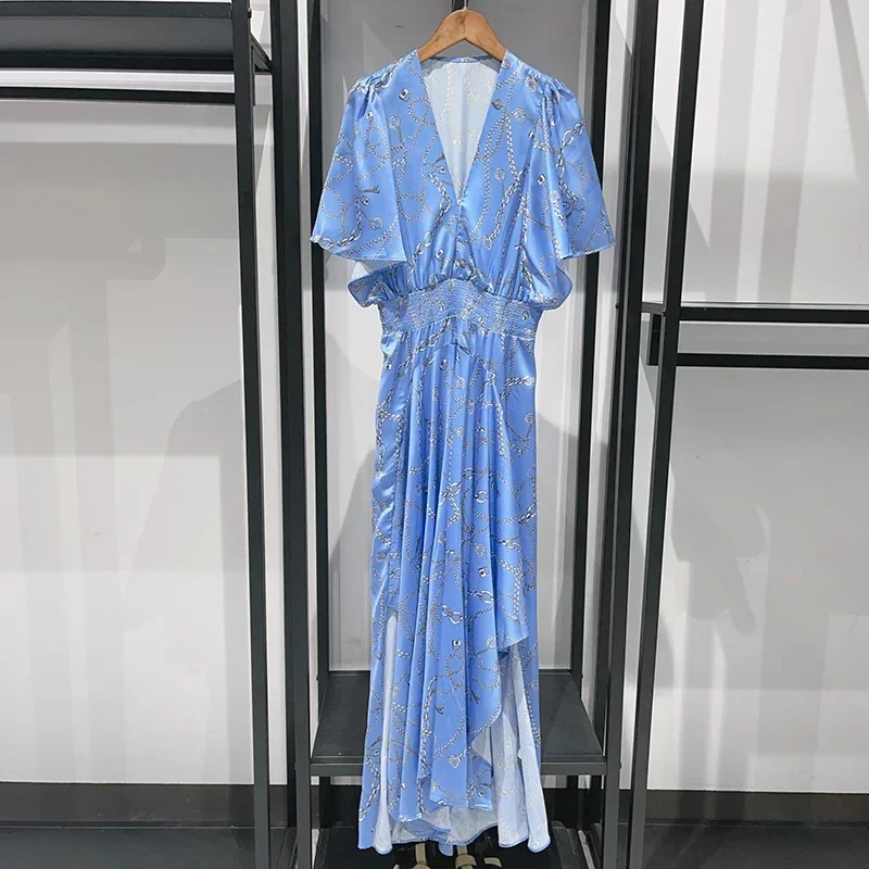 Female Chain Print Deep V-Neck Irregular Dress 2024 Early Autumn New Women's Blue Elastic Waist Pleated Short Sleeves Midi Robe
Female Chain Print Deep V-Neck Irregular Dress 2024 Early Autumn New Women's Blue Elastic Waist Pleated Short Sleeves Midi Robe