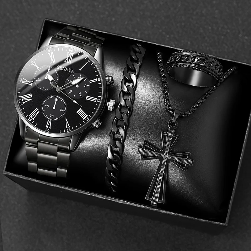 4PCS Fashion Men Luxury Quartz Wrist Watch Cross Pendant Necklace Bracelet Ring Mens Business Analog Stainless Steel Watches
4PCS Fashion Men Luxury Quartz Wrist Watch Cross Pendant Necklace Bracelet Ring Mens Business Analog Stainless Steel Watches