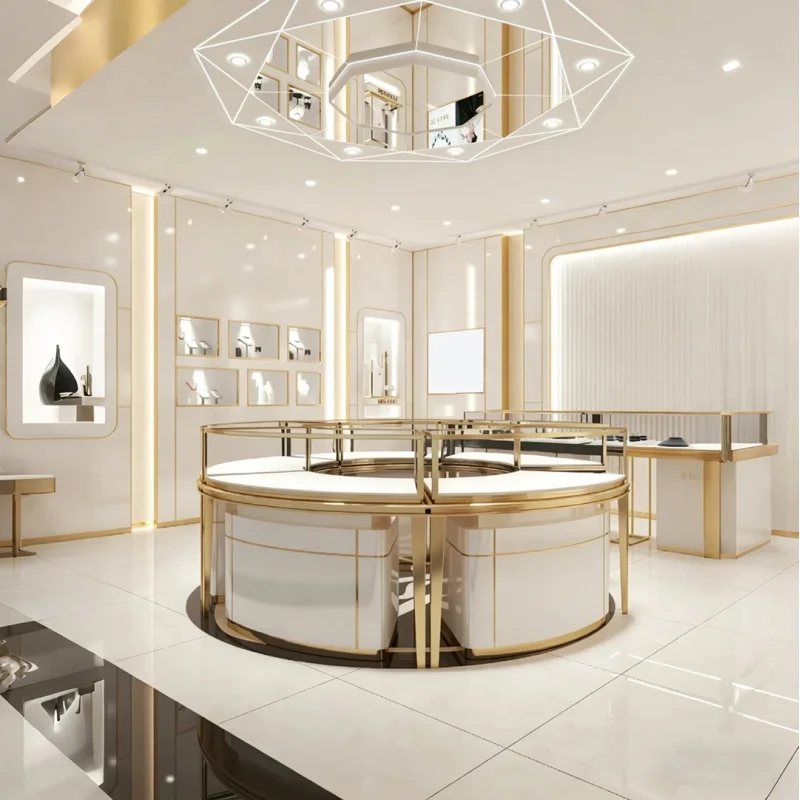 custom.Elegant Circular White & Gold Jewelry Showcase | Glass Railings & LED Lighting | Premium Fixture Fine Jewelry Boutiqu
custom.Elegant Circular White & Gold Jewelry Showcase | Glass Railings & LED Lighting | Premium Fixture Fine Jewelry Boutiqu