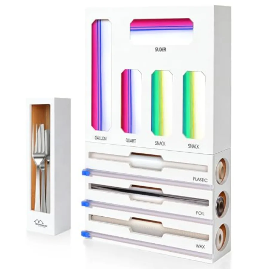 Foil and Plastic Wrap Dispenser with Cutter Bamboo Ziplock Bag Organizer for Drawer - Holds Gallon Quart Bags and Aluminum Foil
Foil and Plastic Wrap Dispenser with Cutter Bamboo Ziplock Bag Organizer for Drawer - Holds Gallon Quart Bags and Aluminum Foil