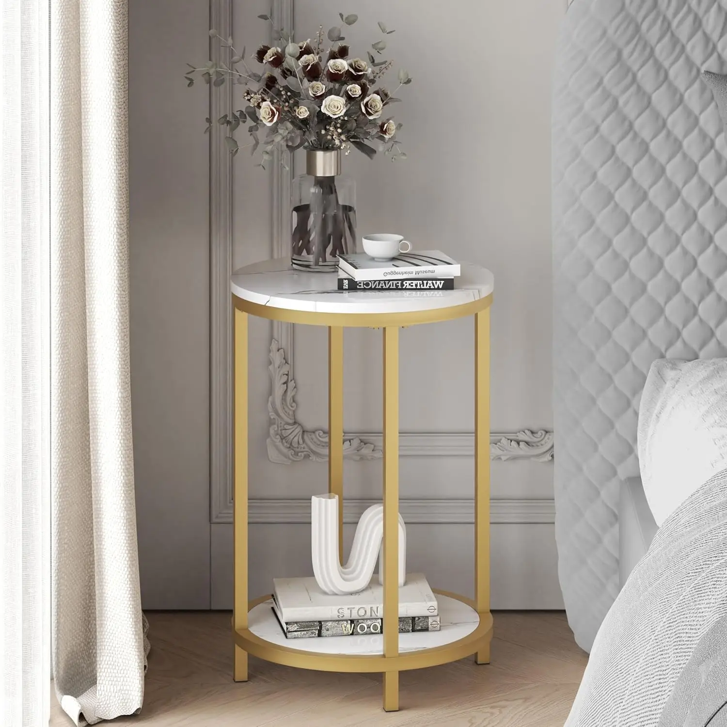 Round Side Table Nightstand Gold Metal Frame Faux Marble Top Open Shelf Living Room Bedroom Small Space Storage, Customized
Round Side Table Nightstand Gold Metal Frame Faux Marble Top Open Shelf Living Room Bedroom Small Space Storage, Customized