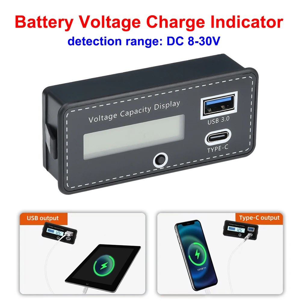 DC 8-30V Battery Voltage Charge Indicator LCD Digital Voltmeter USB Type C Battery Tester for Acid Lithium Battery Power Meter
DC 8-30V Battery Voltage Charge Indicator LCD Digital Voltmeter USB Type C Battery Tester for Acid Lithium Battery Power Meter