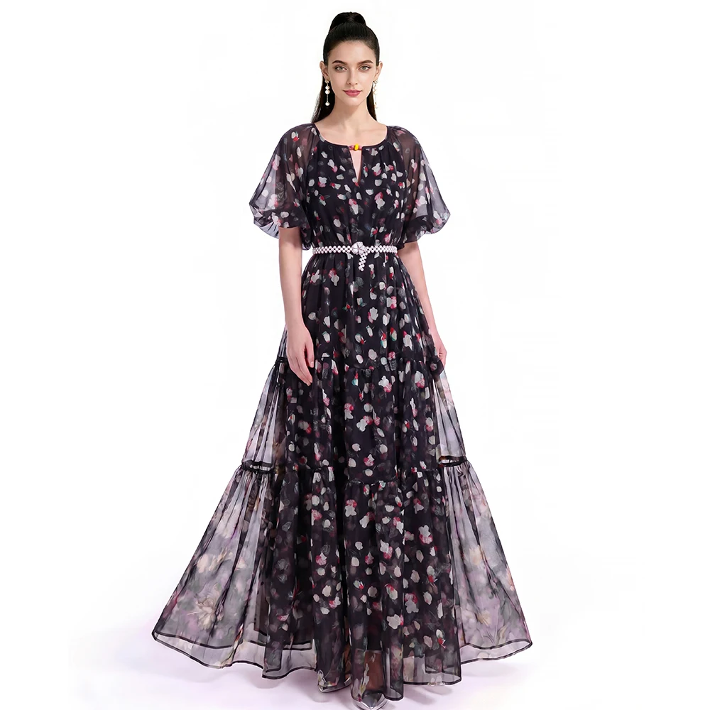 Bohemian Black Floral Chiffon Floor-Length Gown, Women's Batwing Sleeve Tiered Maxi Dress with Pearl Belt for Evening Party
Bohemian Black Floral Chiffon Floor-Length Gown, Women's Batwing Sleeve Tiered Maxi Dress with Pearl Belt for Evening Party