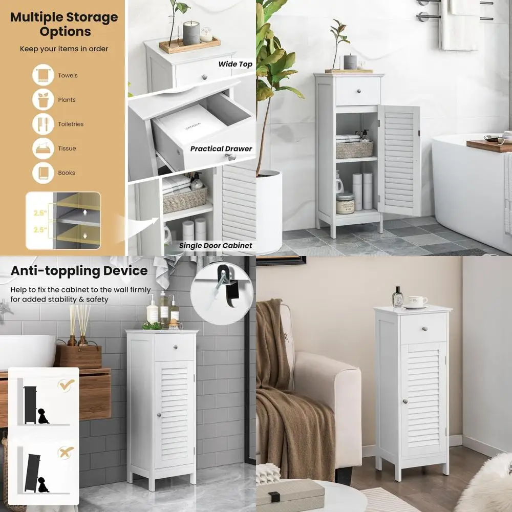Bathroom Floor Storage Cabinet - Freestanding Side Cabinet with 1 Door, 1 Drawer & 3-Height Adjustable Shelf, Slim Cupboard, Sto
Bathroom Floor Storage Cabinet - Freestanding Side Cabinet with 1 Door, 1 Drawer & 3-Height Adjustable Shelf, Slim Cupboard, Sto