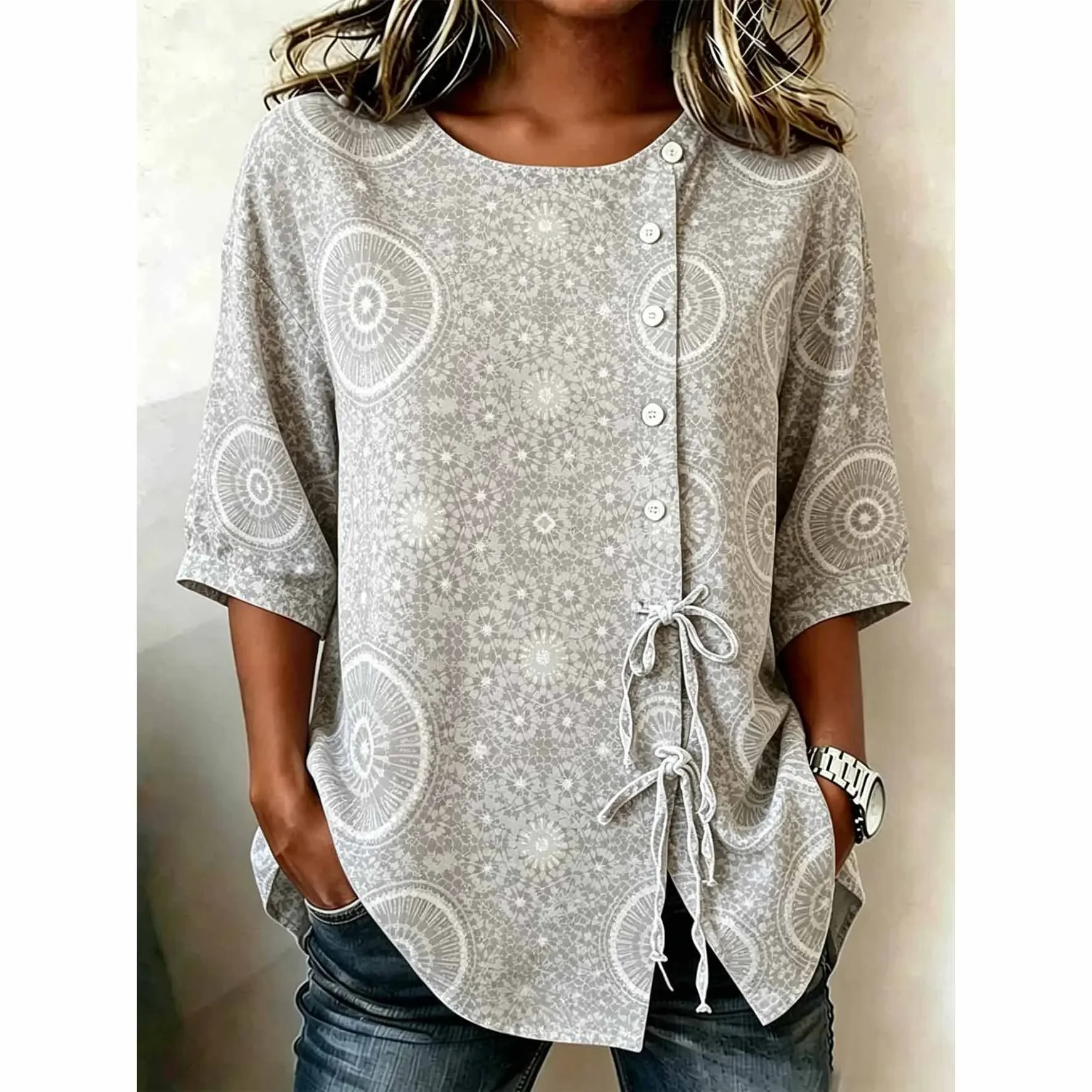 Retro Blue Gold Mandala Print Button Front Blouse Side Tie Half Sleeve Casual Summer Blouse
Retro Blue Gold Mandala Print Button Front Blouse Side Tie Half Sleeve Casual Summer Blouse
