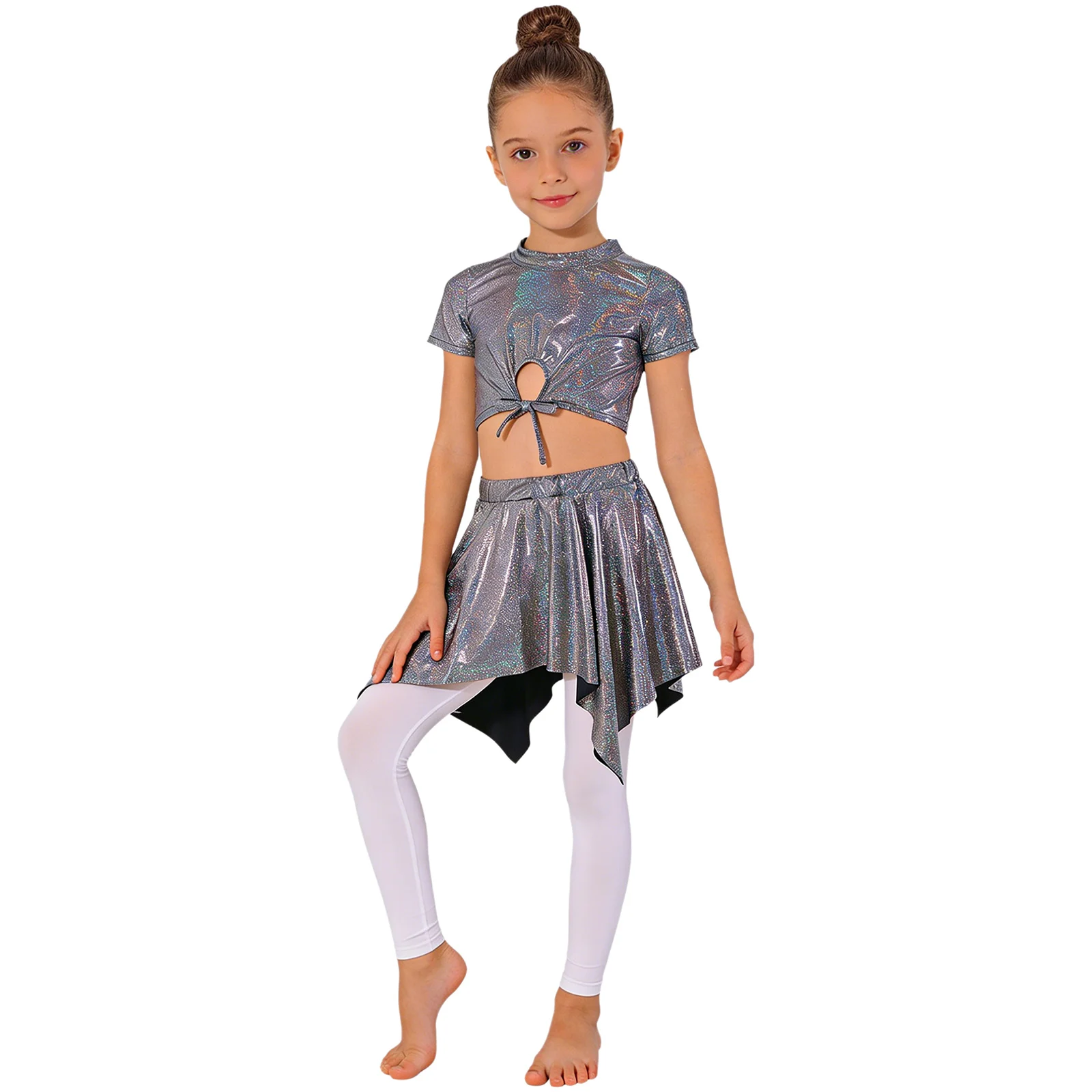 Kids Girls Metallic Short Sleeve T Shirt With Skirt Jazz Hip Hop Cheerleading Gymnastics Stage Performance Daily Practice Outfit
Kids Girls Metallic Short Sleeve T Shirt With Skirt Jazz Hip Hop Cheerleading Gymnastics Stage Performance Daily Practice Outfit