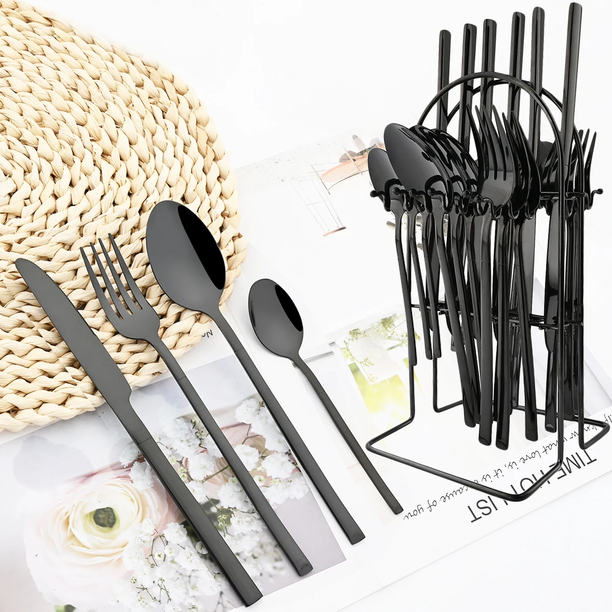 24Pcs Black Dinnerware Set Western Knife Fork Spoon Cutlery Set with Rack Stainless Steel Tableware Flatware Kitchen Silverware
24Pcs Black Dinnerware Set Western Knife Fork Spoon Cutlery Set with Rack Stainless Steel Tableware Flatware Kitchen Silverware