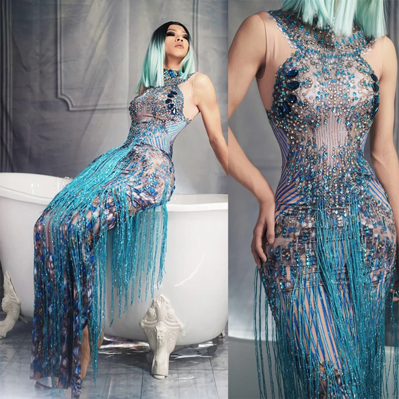 blue Long Dress Women Sleeveless Fashion Crystals Rhinestone Party Tassel Club Dress Blue Sexy Jazz Singer Dancer Stage Costumes
blue Long Dress Women Sleeveless Fashion Crystals Rhinestone Party Tassel Club Dress Blue Sexy Jazz Singer Dancer Stage Costumes