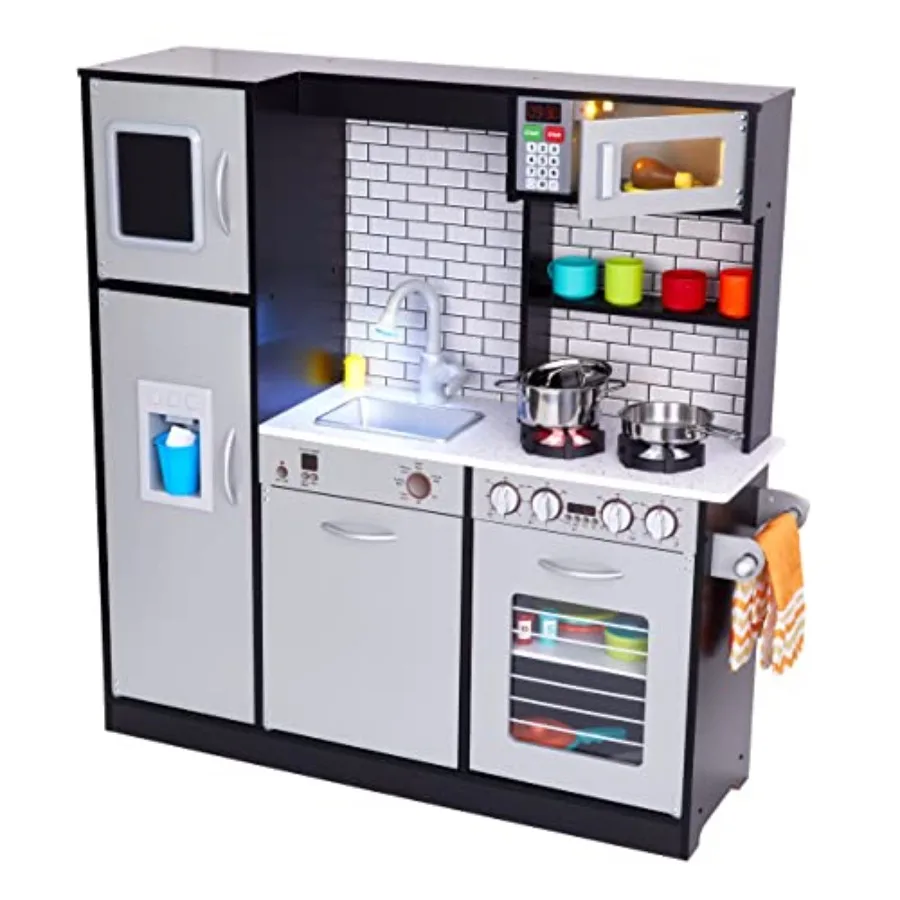 Kitchen Set for pretend play, wooden construction, charcoal color, battery-operated icemaker, burners, faucet microwave with re
Kitchen Set for pretend play, wooden construction, charcoal color, battery-operated icemaker, burners, faucet microwave with re