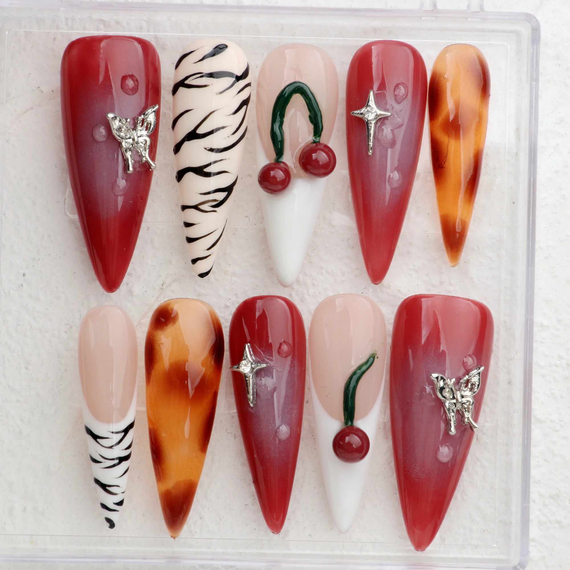 10Pcs Handmade Manicure Long Stiletto Fake Nails Unique 3D Beautiful Cherry Press On Nails Design with Adhesive Nail File Set
10Pcs Handmade Manicure Long Stiletto Fake Nails Unique 3D Beautiful Cherry Press On Nails Design with Adhesive Nail File Set