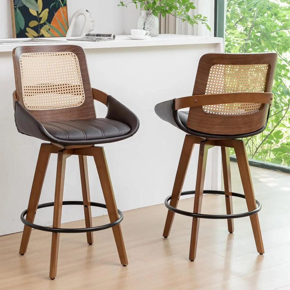 of 2 Bar Stools Counter Height 26.4 inch Swivel Walnut Counter Stools with Cane Back, Upholstered Seat, Curved Arms, Rattan Cou
of 2 Bar Stools Counter Height 26.4 inch Swivel Walnut Counter Stools with Cane Back, Upholstered Seat, Curved Arms, Rattan Cou