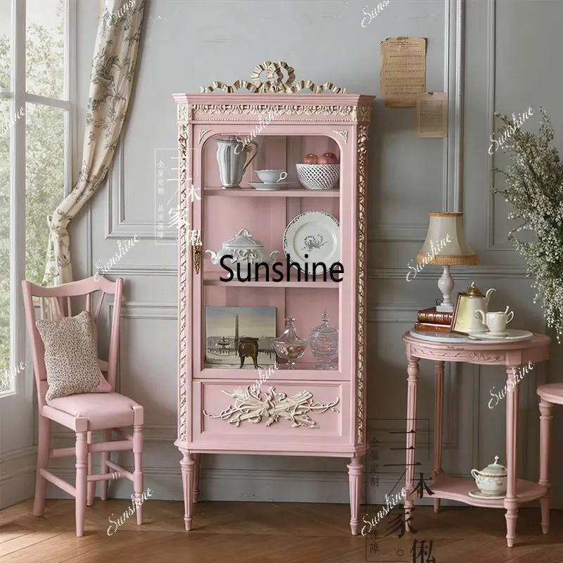 French retro carved glass display cabinet, pink storage, living room, customizable
French retro carved glass display cabinet, pink storage, living room, customizable