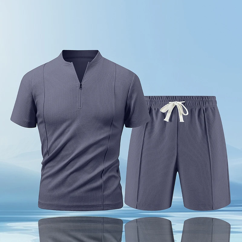 Men Tracksuit Europe and The United States New Summer Waffle Solid Color Zip-up Short-sleeve Suit Shorts Two Sets Men Clothes
Men Tracksuit Europe and The United States New Summer Waffle Solid Color Zip-up Short-sleeve Suit Shorts Two Sets Men Clothes