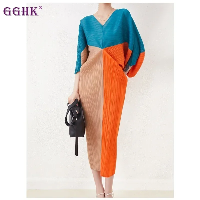GGHK Miyake Pleated Colorblocking Batwing Sleeve Design Women Long Dress Fashion Elegant Loose Large Size Party Casual Dresses
GGHK Miyake Pleated Colorblocking Batwing Sleeve Design Women Long Dress Fashion Elegant Loose Large Size Party Casual Dresses