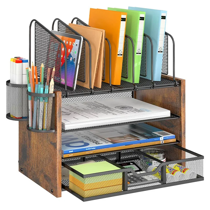4-Tier Family Office Desk Organizer, Mesh Storage Rack, Wooden File Cabinet with Drawers, Desktop File Storage Holder
4-Tier Family Office Desk Organizer, Mesh Storage Rack, Wooden File Cabinet with Drawers, Desktop File Storage Holder