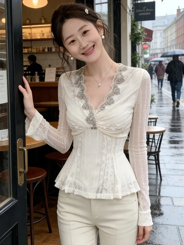 Elegant V-Neck Lace Base Shirt Women's Slim Fit Diamond Embellished Long Sleeve Spring 2026 Fashionable Top Ladies' Shirt
Elegant V-Neck Lace Base Shirt Women's Slim Fit Diamond Embellished Long Sleeve Spring 2026 Fashionable Top Ladies' Shirt