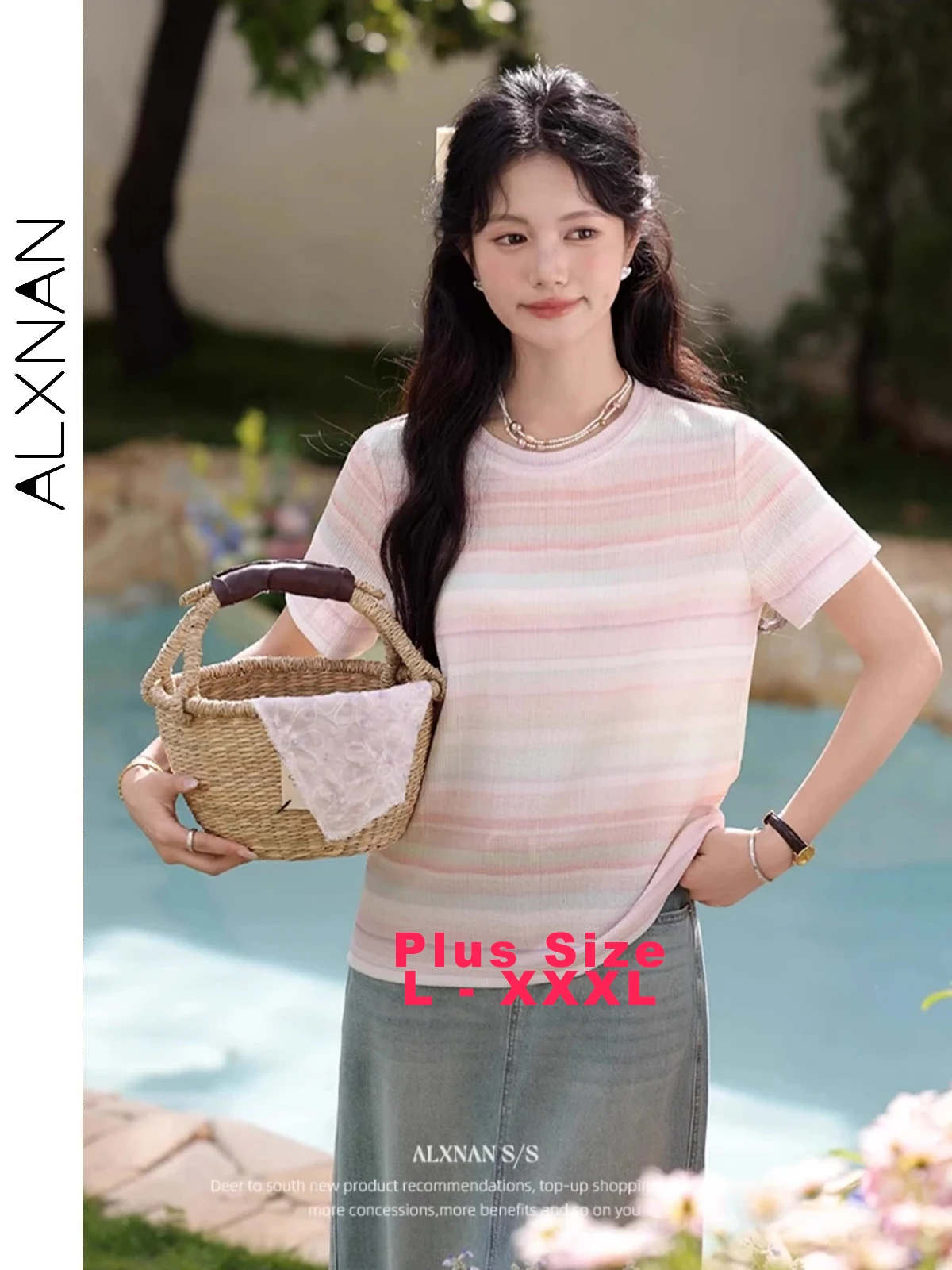 ALXNAN Plus Size Pink Striped T-shirt Elegant Round Neck Short Sleeve T-shirt Summer Casual Loose-fit Ladies Clothing New D11012
ALXNAN Plus Size Pink Striped T-shirt Elegant Round Neck Short Sleeve T-shirt Summer Casual Loose-fit Ladies Clothing New D11012