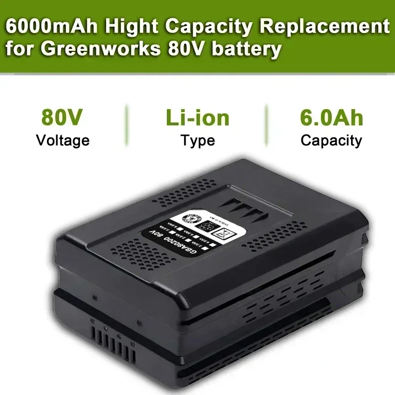 NEW 6.0Ah Replacement Battery for Greenworks 80V Max Rechargeable Lithium Ion Batteries GBA80200 GBA80250 GBA80500 GBA80400 Tool
NEW 6.0Ah Replacement Battery for Greenworks 80V Max Rechargeable Lithium Ion Batteries GBA80200 GBA80250 GBA80500 GBA80400 Tool