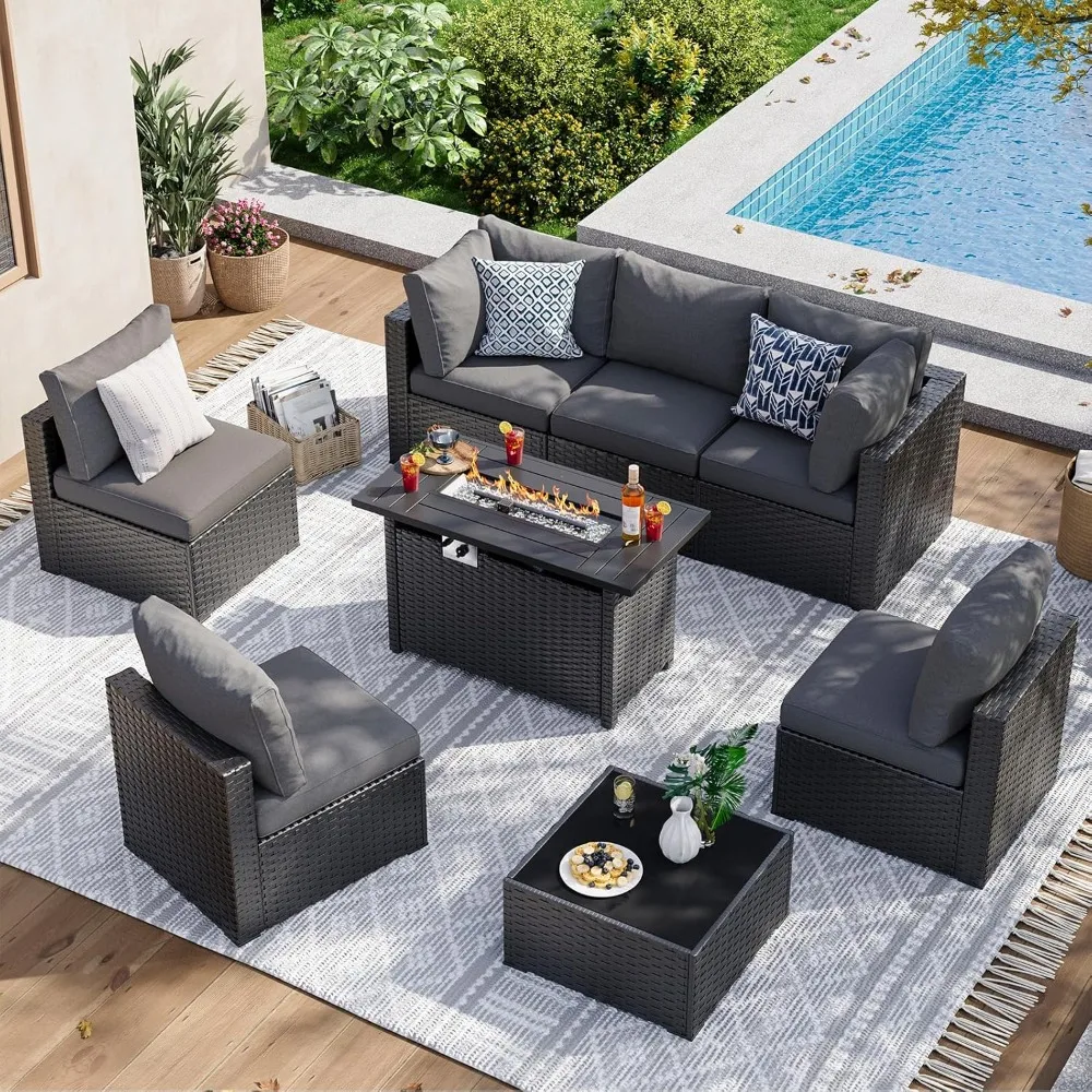 8 Piece Patio Furniture Set with 44” Fire Pit Table Wicker Rattan Patio Sectional Sofa Set Outdoor Seating Furniture with Thick 
8 Piece Patio Furniture Set with 44” Fire Pit Table Wicker Rattan Patio Sectional Sofa Set Outdoor Seating Furniture with Thick
