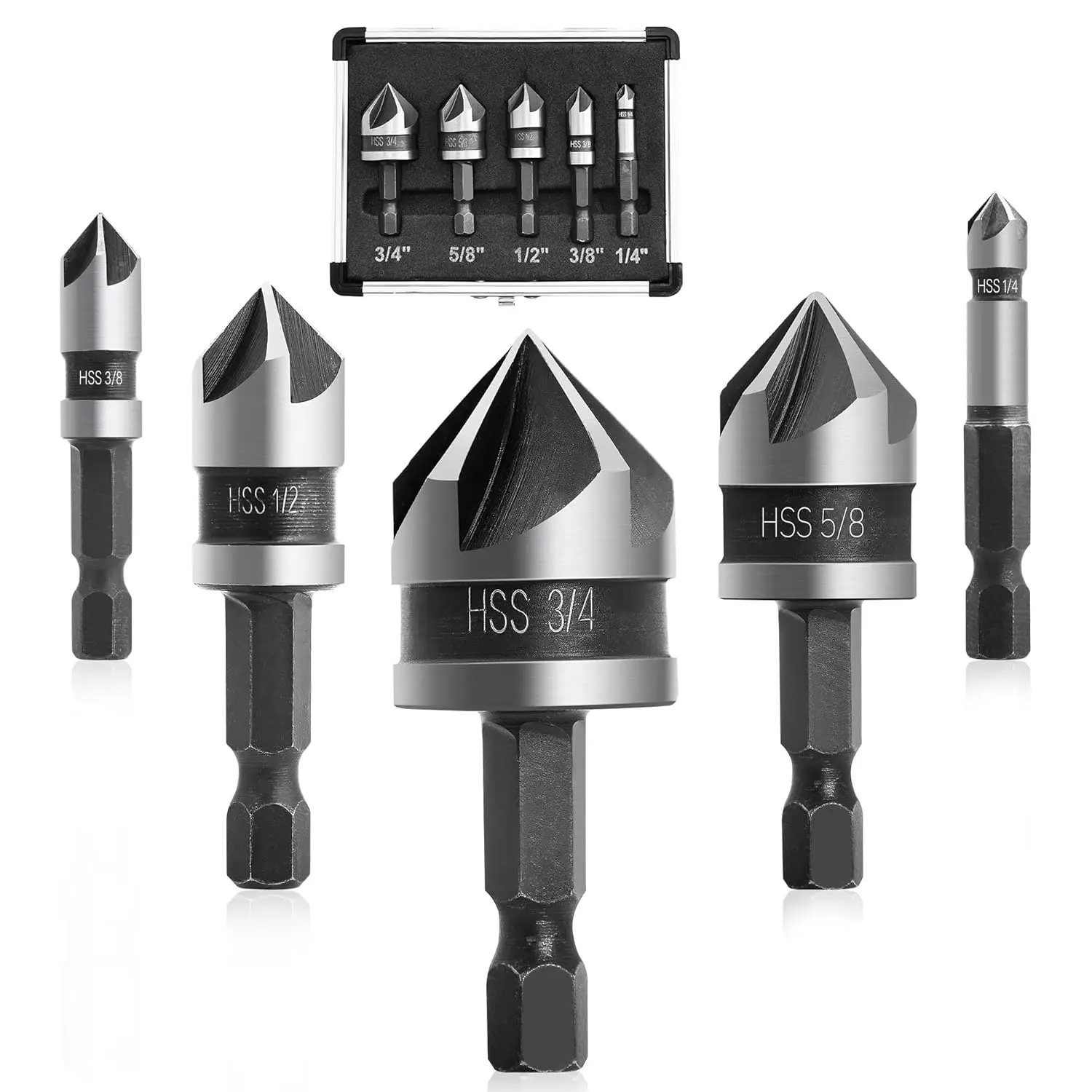 82° 5-Flute Countersink Drill Bit Set, 5 PCS, HSS, 1/4" Hex Shank, Aluminum Case for Metals, Wood, Plywood, Plastic
82° 5-Flute Countersink Drill Bit Set, 5 PCS, HSS, 1/4" Hex Shank, Aluminum Case for Metals, Wood, Plywood, Plastic