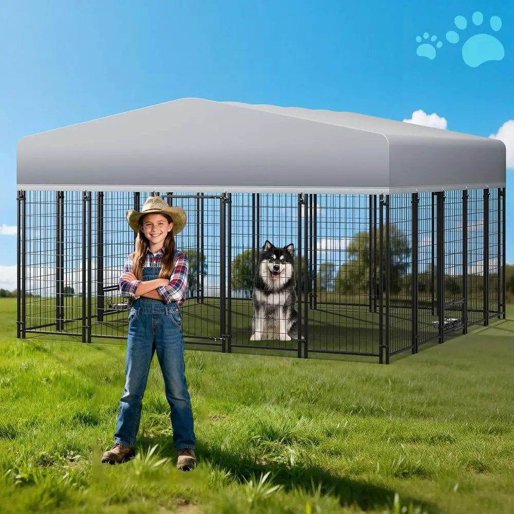 Sturdy 10x10 Outdoor Dog Kennel with Waterproof Cover, Rotating Feeders, and Durable Steel Fence for Dog Runs
Sturdy 10x10 Outdoor Dog Kennel with Waterproof Cover, Rotating Feeders, and Durable Steel Fence for Dog Runs