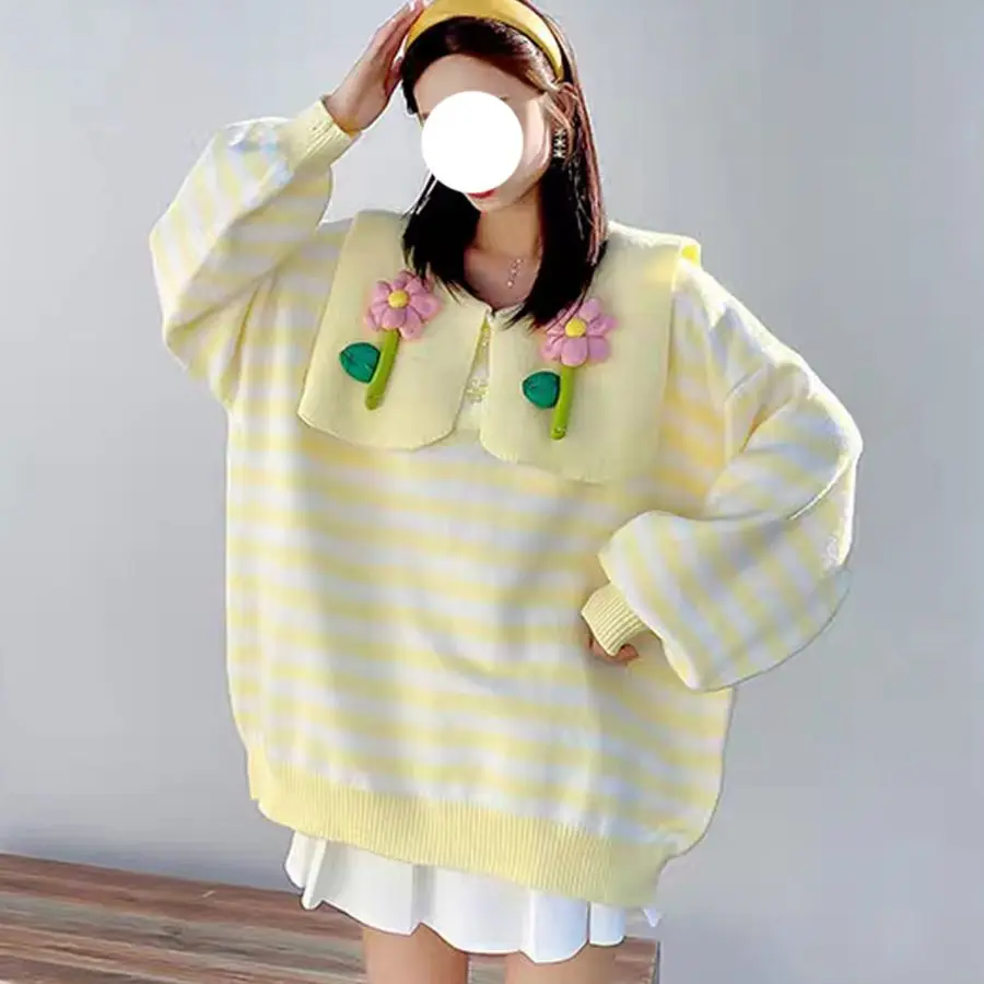 Hsa Japanese Striped Knit Sweater Sailor Collar Three Dimensional Flowers Women Cute kawaii Korean Loose Knitted Femme Pullover
Hsa Japanese Striped Knit Sweater Sailor Collar Three Dimensional Flowers Women Cute kawaii Korean Loose Knitted Femme Pullover