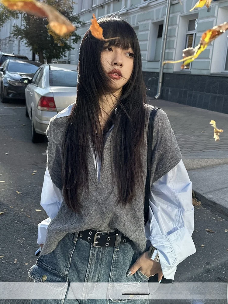 College Sle вязаный женский осенне-зимний лоскутный жилет из двух предметов, дизайнерский свитер, повседневный свободный крой
College Sle вязаный женский осенне-зимний лоскутный жилет из двух предметов, дизайнерский свитер, повседневный свободный крой