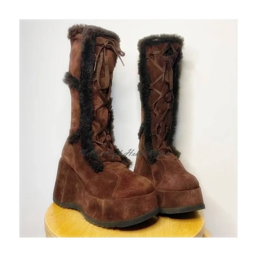 Platform Girl Gladiator Wedges High Heel Fur Boots Women Cross Strap Round Toe Brown Knee High Boots Mid-calf Lace Up Shoes
Platform Girl Gladiator Wedges High Heel Fur Boots Women Cross Strap Round Toe Brown Knee High Boots Mid-calf Lace Up Shoes