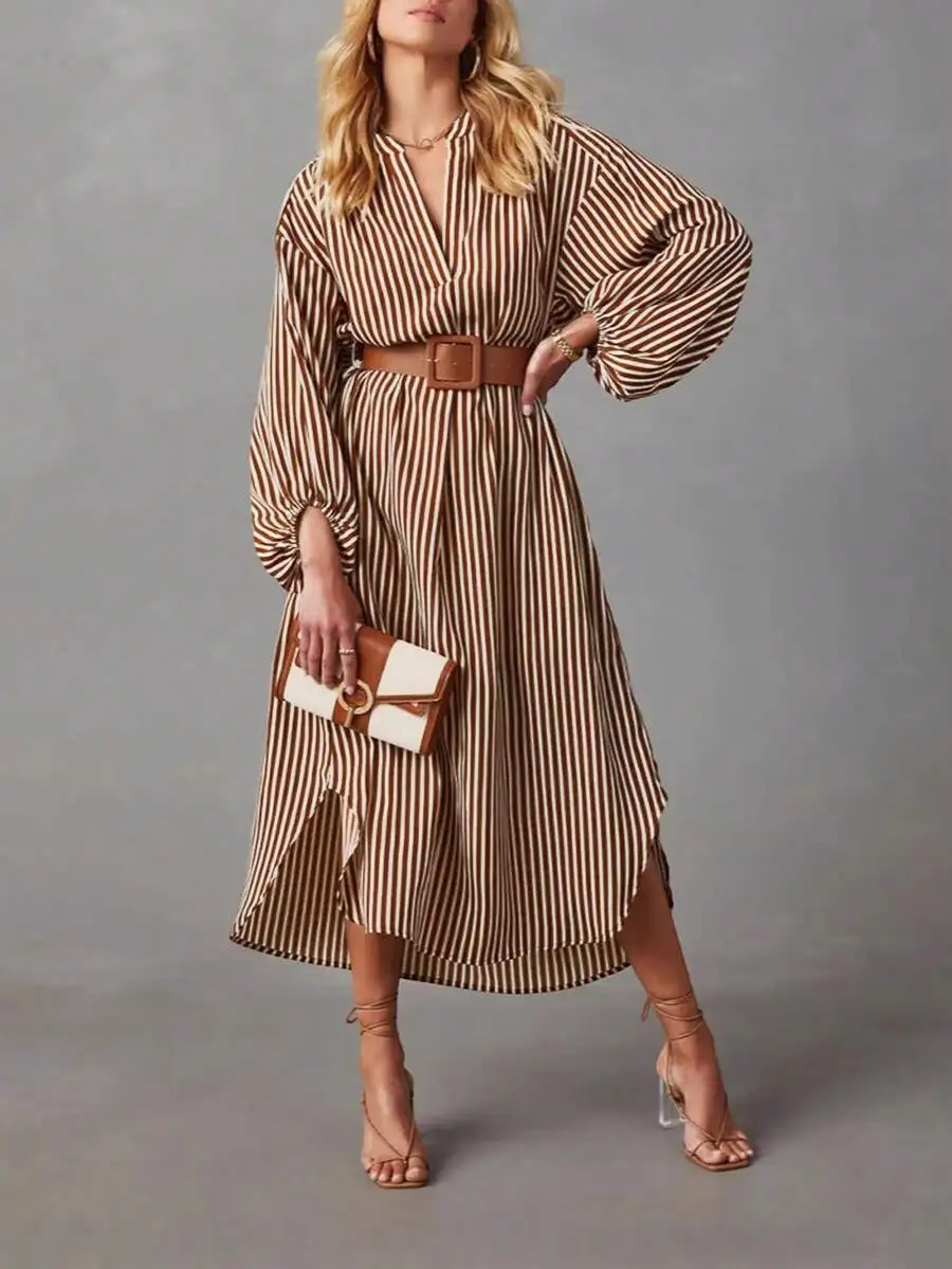 Women’s Brown-Cream Vertical Stripe Midi Dress – V-Neck, Puffed Sleeve, A-Line Silhouette, Belted Waist, French Retro Office
Women’s Brown-Cream Vertical Stripe Midi Dress – V-Neck, Puffed Sleeve, A-Line Silhouette, Belted Waist, French Retro Office