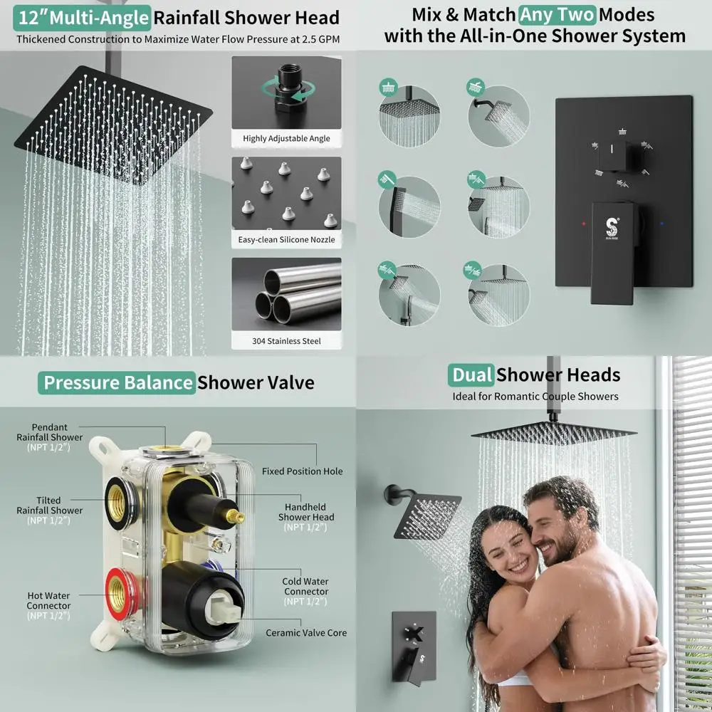 Matte Black Shower System with Dual Shower, 12 Rainfall and 6 Wall Mount, Complete Diverter for Couples
Matte Black Shower System with Dual Shower, 12 Rainfall and 6 Wall Mount, Complete Diverter for Couples