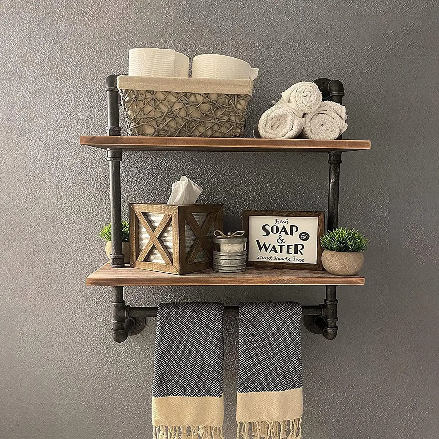 24 Inch Pine Wood Floating Shelves with Towel Bar, Wall Mounted for Bathroom, Bedroom, Kitchen, Farmhouse Decor
24 Inch Pine Wood Floating Shelves with Towel Bar, Wall Mounted for Bathroom, Bedroom, Kitchen, Farmhouse Decor