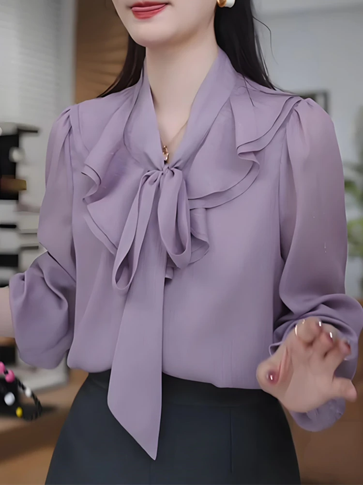 Retro Purple Bow Tie Long Sleeve Shirt Women's Fashionable Anti-Aging High-End Feelings Top Casual Loose Fit Floral Collar
Retro Purple Bow Tie Long Sleeve Shirt Women's Fashionable Anti-Aging High-End Feelings Top Casual Loose Fit Floral Collar