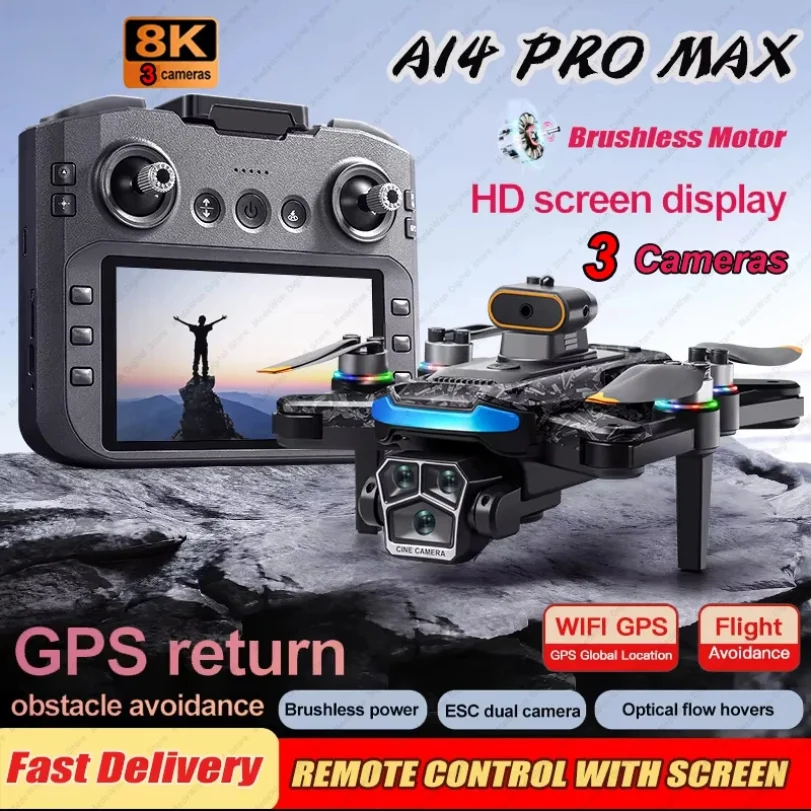 A14 Pro Max GPS Brushless 8K three Camera Optical Flow Obstacle Avoidance Foldable Quadcopter RC Distance Drone Toys
A14 Pro Max GPS Brushless 8K three Camera Optical Flow Obstacle Avoidance Foldable Quadcopter RC Distance Drone Toys