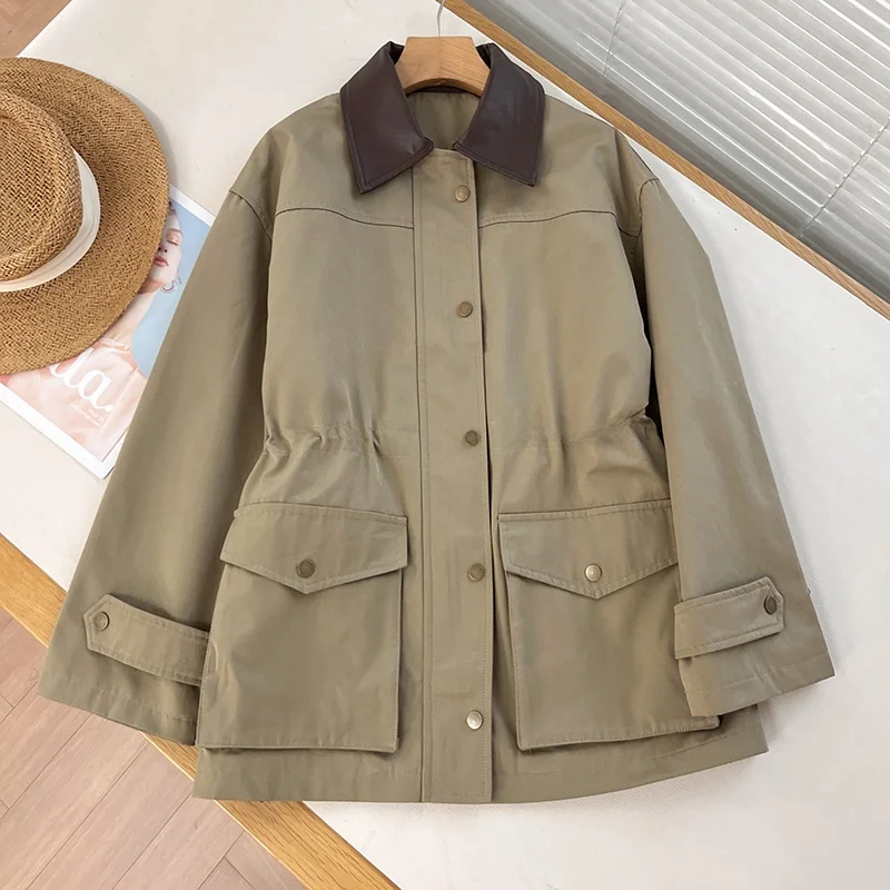 Khaki Color Loose Casual Style Patchwork Flip Collar Workwear Jacket Autumn Season Women's Fashion Short Outerwear Coat
Khaki Color Loose Casual Style Patchwork Flip Collar Workwear Jacket Autumn Season Women's Fashion Short Outerwear Coat