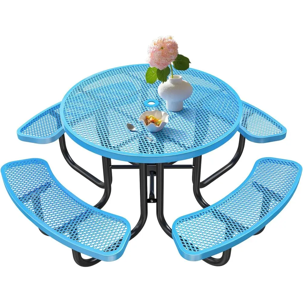 46 Round Outdoor Picnic Table for 8, 4-Bench Set, Durable Metal Furniture, Umbrella Hole, Ideal for Garden, Backyard, Porch, Blu
46 Round Outdoor Picnic Table for 8, 4-Bench Set, Durable Metal Furniture, Umbrella Hole, Ideal for Garden, Backyard, Porch, Blu