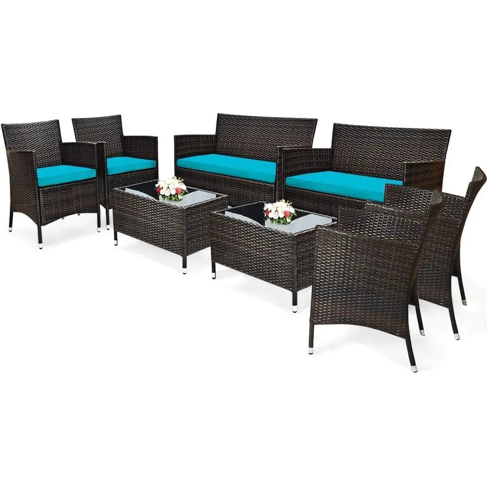 Turquoise 8-Piece Outdoor Rattan Patio Furniture Set with Cushioned Chairs and Coffee Table
Turquoise 8-Piece Outdoor Rattan Patio Furniture Set with Cushioned Chairs and Coffee Table