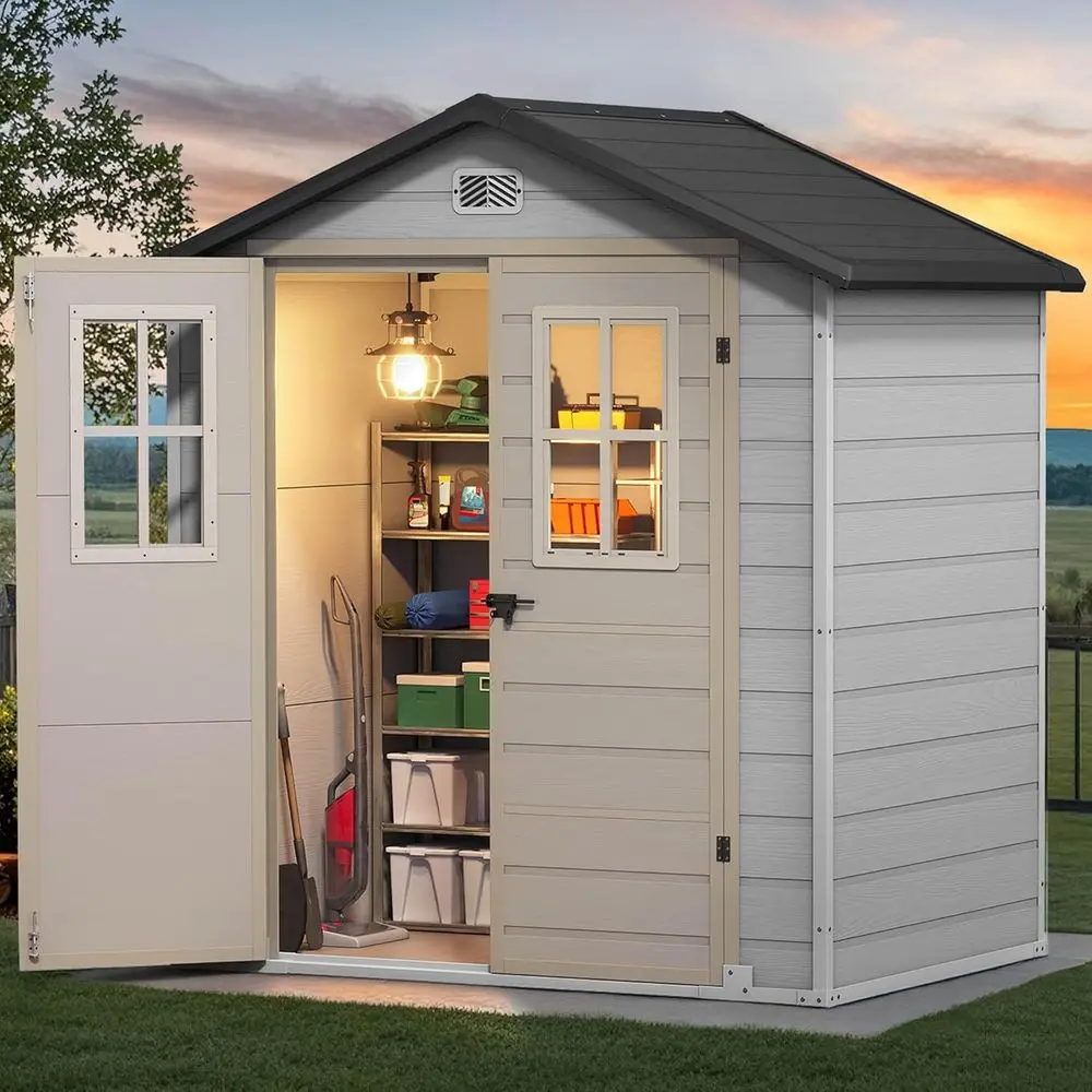 6x4.4ft Outdoor Plastic Storage Shed with 2 Windows, Double-Walled for Garden Tools, Lawn Mower, and Patio Accessories
6x4.4ft Outdoor Plastic Storage Shed with 2 Windows, Double-Walled for Garden Tools, Lawn Mower, and Patio Accessories